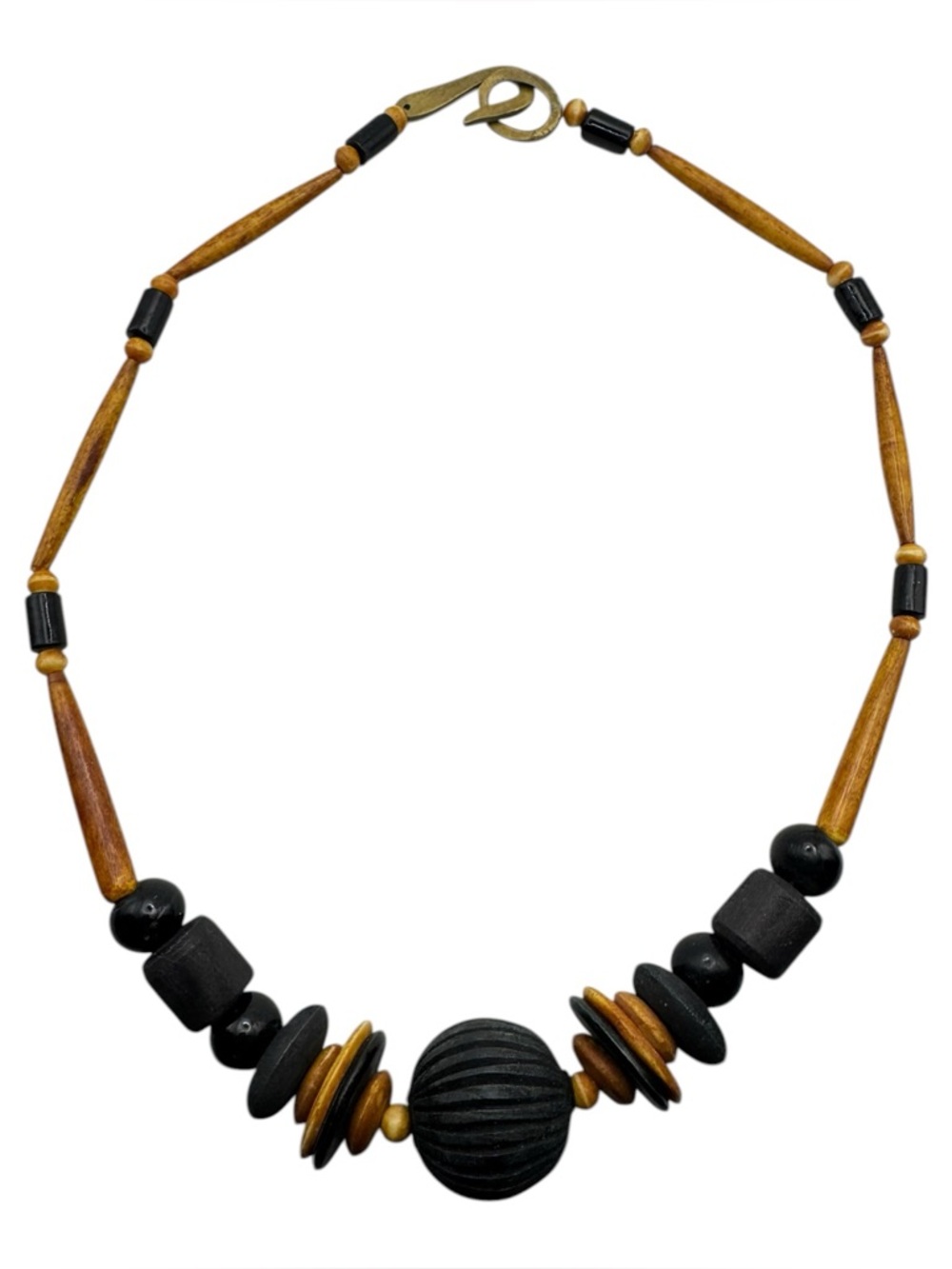 Vintage Wood Bead Statement Necklace‎ Black Brown Carved Center Boho